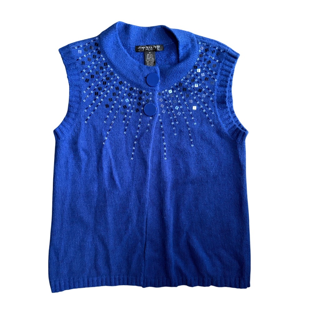 Pine Needles NY Royal Blue Silk Angora Sequin Knit Vest Sweater Medium